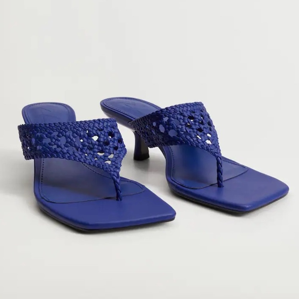 MANGO NWT Blue Braided Square Toe Slip On Heeled Sandals